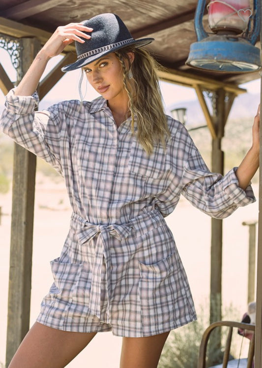 In Dreamland Grey Plaid Romper (S-L)